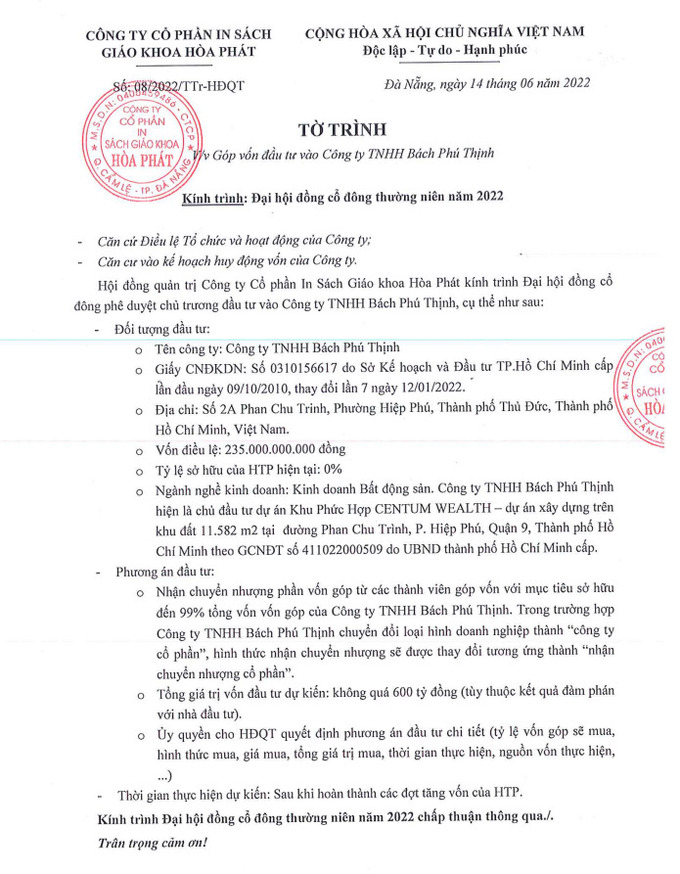 Tờ trình ĐHĐCĐ góp vốn đầu tư vào Công ty TNHH Bách Phú Thịnh.