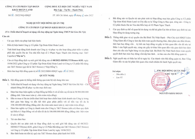 Nghị quyết HĐQT v/v triển khai kế hoạch sử dụng vốn tại Ngân hàng SHB (Nguồn: Khải Hoàn Land)
