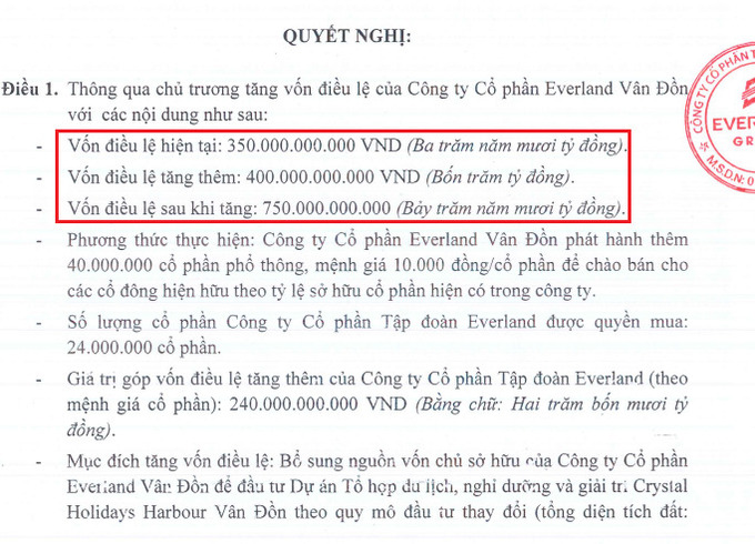 Nghị quyết tăng vốn điều lệ thông qua hình thức chào bán cổ phần phổ thông (Nguồn: EverLand)