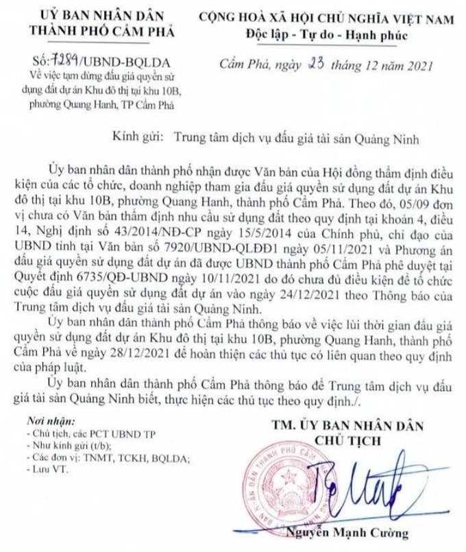 Văn bản tạm dừng đấu giá quyền sử dụng đất