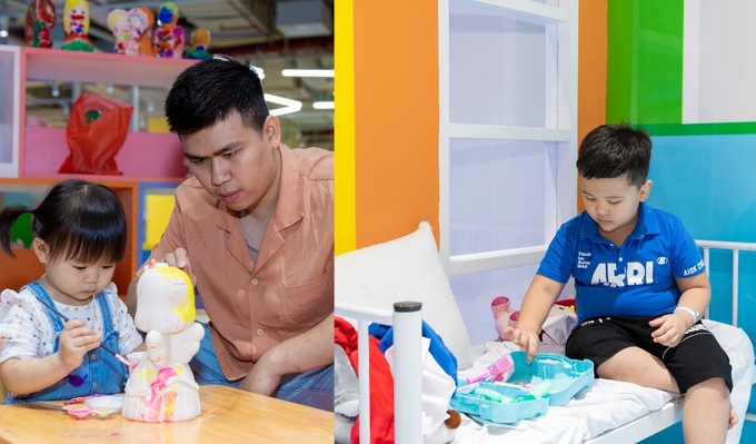 Các khách nhí cũng rất thích “làm nghệ thuật” ở khu Xốp Art, nặn đất sét… hoặc vào vai chú cảnh sát, bác sĩ trong Khu phố Hướng nghiệp cho các bé với sự hướng dẫn của các hướng dẫn viên.