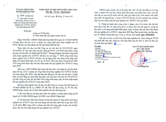 Công văn 757/UBND-NC gửi Công an TP Hà Nội và UBND các quận, huyện, thị xã về việc thực hiện chỉ tiêu khắc phục tồn tại, xử lý vi phạm các công trình chưa được nghiệm thu về phòng cháy chữa cháy (PCCC) đã đưa vào hoạt động năm 2022.