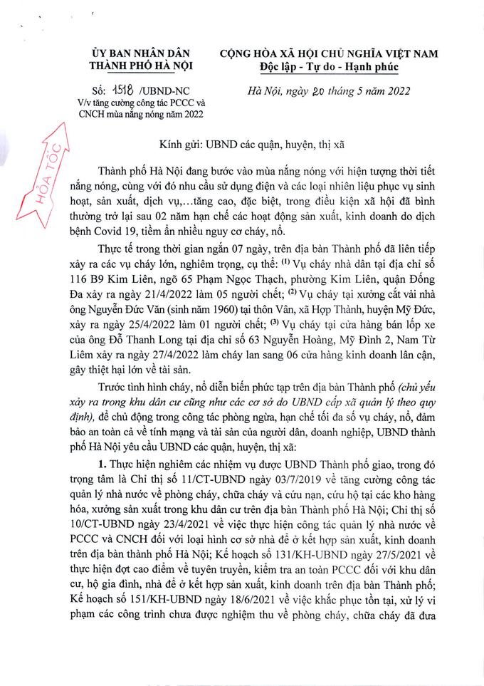 Công văn số 1518/UBND-NC của UBND TP Hà Nội ngày 20/05/2022 tăng cường công tác PCCC và CNCH mùa nắng nóng năm 2022 gửi các quận, huyện, thị xã.