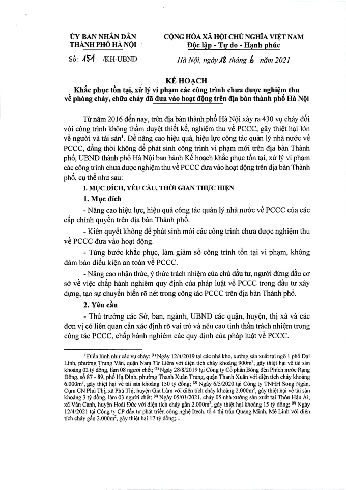 UBND TP Hà Nội đã có kế hoạch 151/KH về việc khắc phục tồn tại, xử lý vi phạm các công trình chưa được nghiệm thu về phòng cháy, chữa cháy đã đưa vào hoạt động trên địa bàn Thành phố Hà Nội.