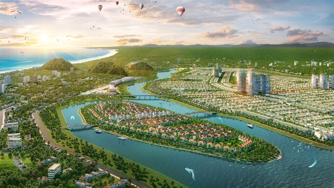 “Thành phố hội nhập” được tạo nên từ 3 mảnh ghép là Sunneva Island, Sun Riverpolis và Khu thương mại dịch vụ Hoàng Trà. Ảnh phối cảnh minh họa