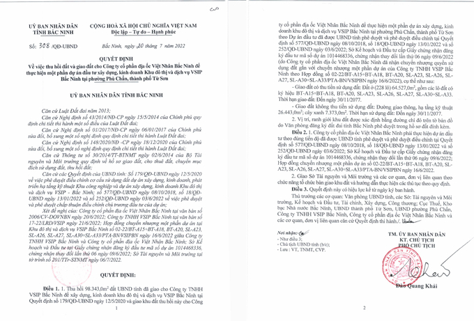 Ngày 20/07/2022, UBND tỉnh Bắc Ninh ban hành Quyết định 308/QĐ-UBND.