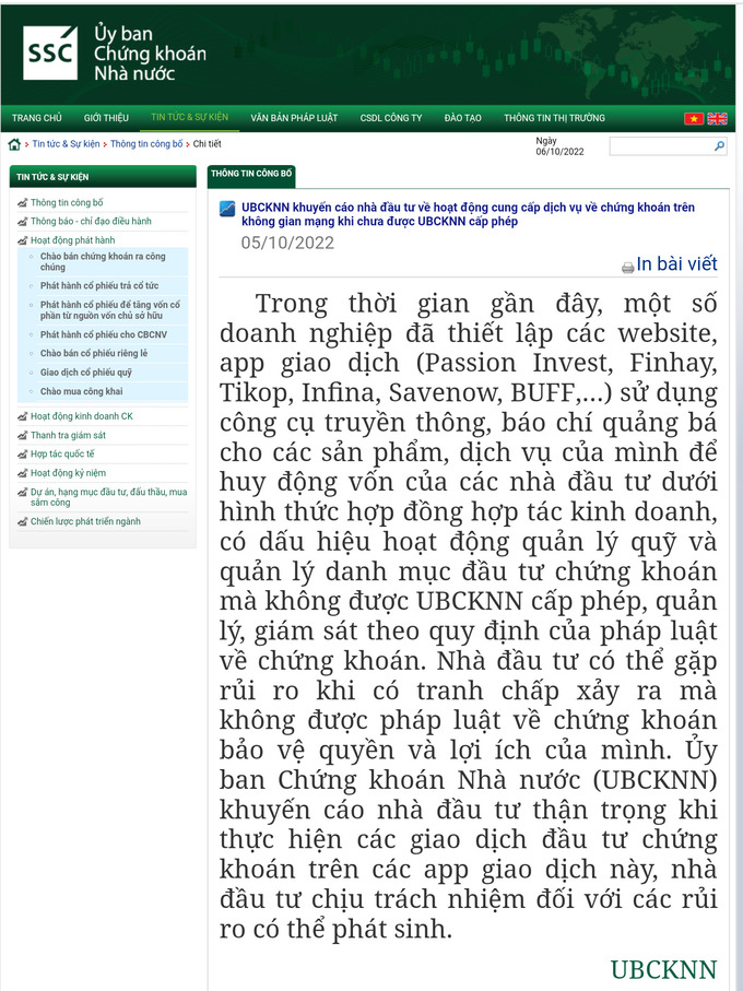 Trên website Ủy Ban Chứng khoán Nhà nước cảnh báo.