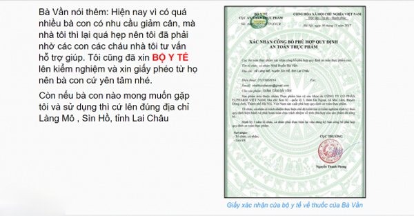 Bộ Y tế khẳng định giấy xác nhận công bố phù hợp quy định an toàn thực phẩm cho sản phẩm giảm cân Bà Vần là giả mạo.