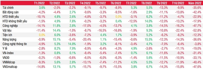 Diễn biến ngành trong tháng 10 và từ đầu năm. Nguồn: SSI Research.