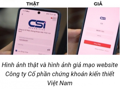 Hình ảnh thật và hình ảnh giả mạo website Công ty Cổ phần chứng khoán kiến thiết Việt Nam