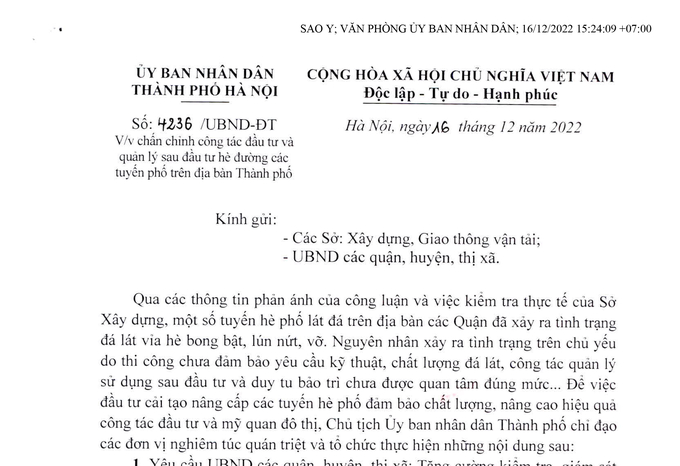 Tại văn bản số 4236/UBND-ĐT TP Hà Nội cho biết nguyên nhân đá lát đường nứt, lún, vỡ là cho kỹ thuật, chất lượng đá.