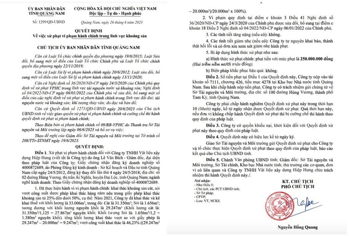 Quyết định xử phạt vị phạm hành chính gia cho Công ty TNHH Vật liệu xây dựng Hiệp Hưng chấp hành