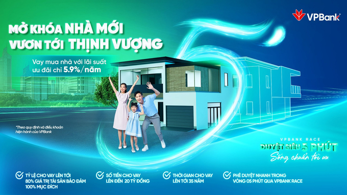 VPBank cho vay mua nhà với lãi suất chỉ 5,9%/năm trong vòng 35 năm với số tiền cho vay lên đến 20 tỷ đồng.