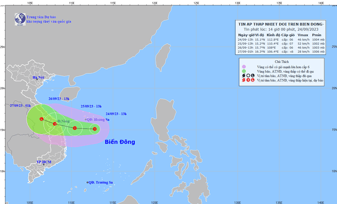 Vị trí và đường đi áp thấp nhiệt đới hướng vào khu vực Đà Nẵng - Quảng Ngãi