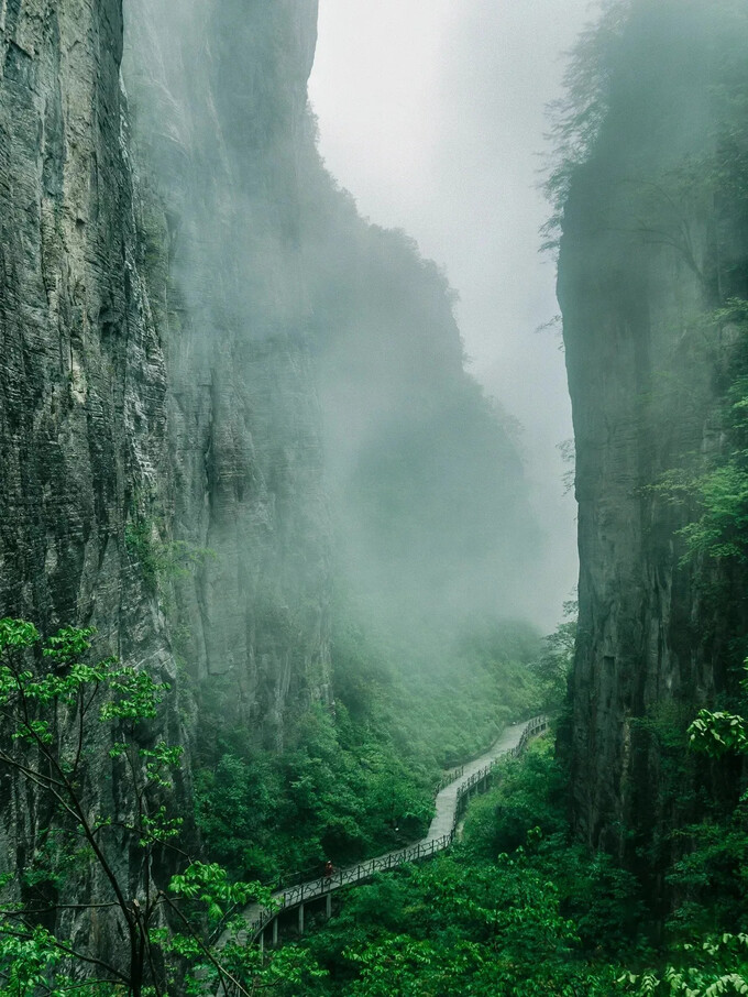 Trong những ngày mưa, sương mù bao phủ khắp con đường, tạo nên một cảnh tượng huyền bí