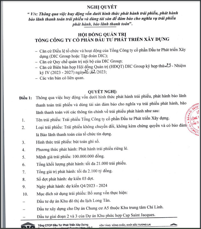 Kế hoạch phát hành trái phiếu để huy động vốn của DIC Corp (Ảnh chụp màn hình).