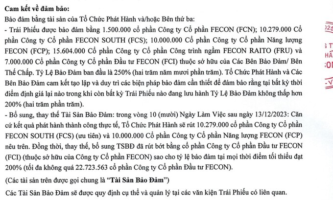 Thông tin về tài sản đảm bảo được Fecon công bố (ảnh chụp màn hình).