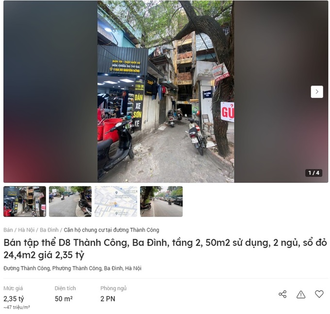 Nhà tập thể tại Thành Công, quận Ba Đình được rao ở mức 47 triệu đồng/m2. Ảnh: Batdongsan.com.vn