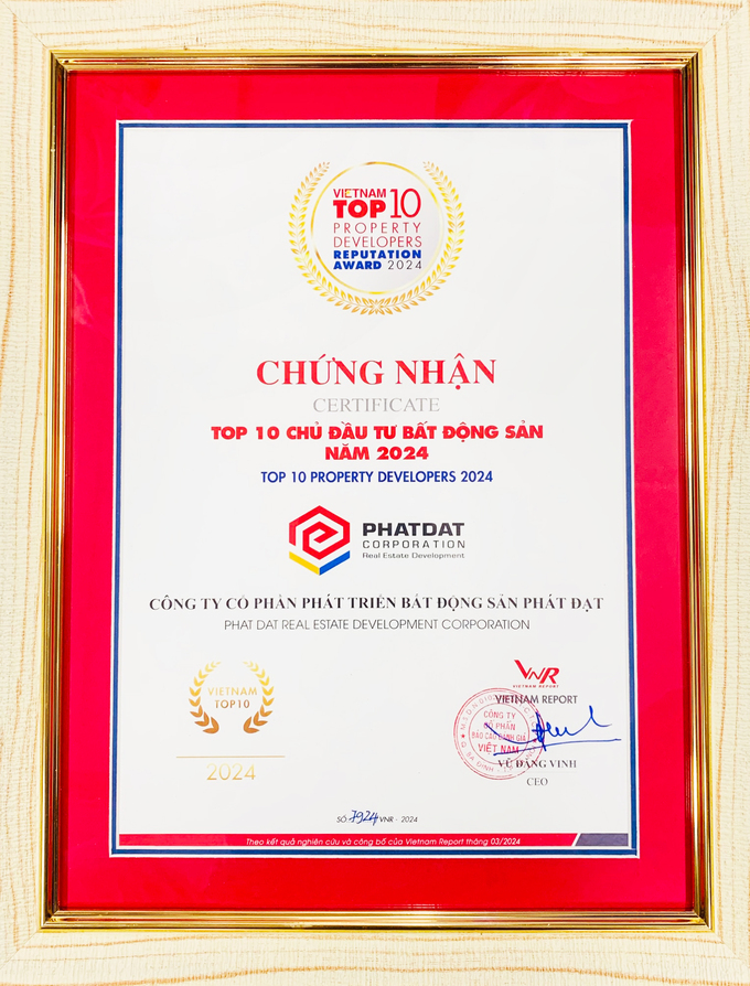 Chứng nhận giải thưởng Top 10 Công ty Bất động sản uy tín năm 2024.