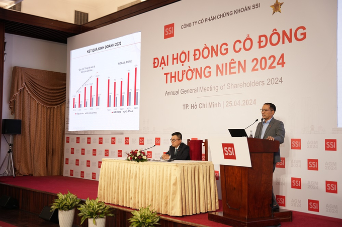 Ông Nguyễn Hồng Nam, thành viên HĐQT kiêm Tổng Giám SSI trình bày kết quả kinh doanh năm 2023 và kế hoạch năm 2024.