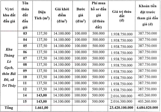 Thông tin 28 thửa đất mang ra đấu giá tại huyện Phú Xuyên. (Ảnh chụp màn hình).