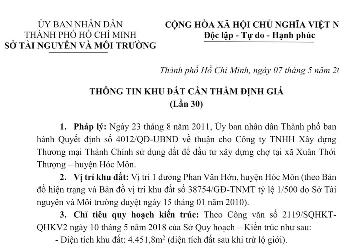 Sở Tài Nguyên và Môi trường Thành phố đã có thư mời lần thứ 30, mời các đơn vị tư vấn có chức năng thẩm định giá đất tại khu đất xã Xuân Thới Thượng, huyện Hóc Môn.