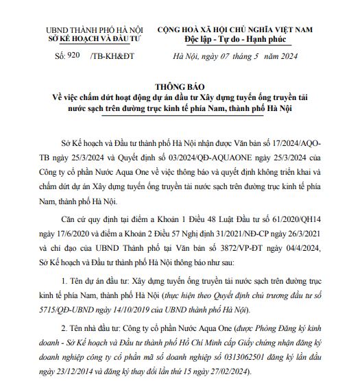 thông báo chấm dứt nhà máy nước sạch của shark Liên