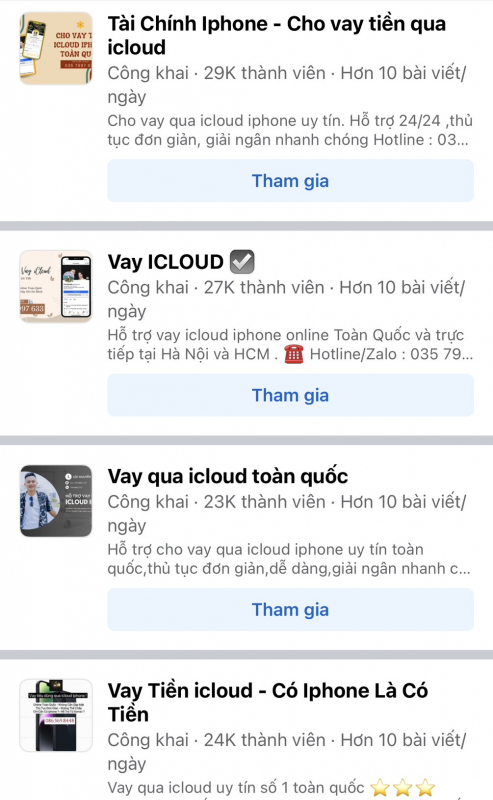 Không ít hội nhóm vay qua iCloud được lập ra. Ảnh: Internet