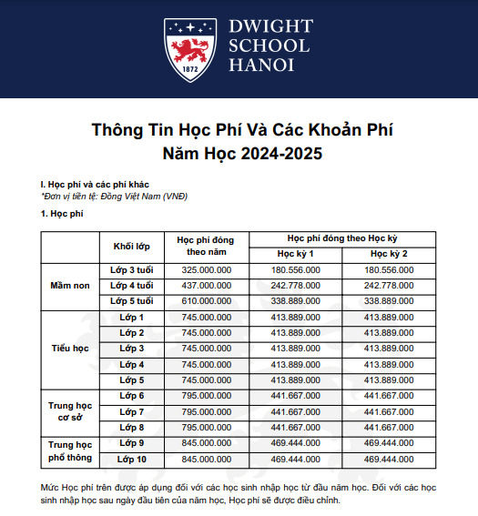 Mức học phí tại trường dao động từ 325-845 triệu đồng/năm (Ảnh: Dwight School Hanoi)