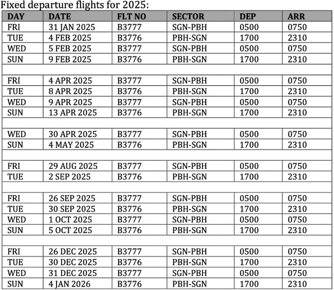 Danh sách lịch trình dự kiến 10 chuyến bay thẳng kết nối TP. HCM - TP. Paro, Bhutan trong năm 2025 của hãng Bhutan Airlines, trung bình mỗi tháng một chuyến. Ảnh: VOV