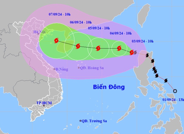 Dự báo vị trí và đường đi của bão số 3 những giờ tới. Ảnh: KTTVQG