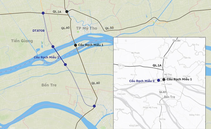 Vị trí xây dựng cầu Rạch Miễu 2 nối tỉnh Tiền Giang và tỉnh Bến Tre. Ảnh: Internet