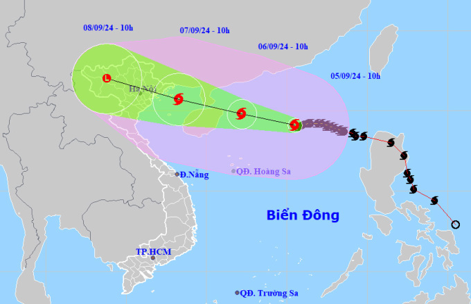 Dự báo đường đi và ảnh hưởng của siêu bão Yagi. Ảnh: NCHMF