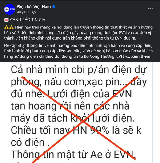 Bài viết được EVN đăng tải trên Fanpage. Ảnh chụp màn hình