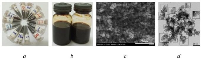 Hình ảnh vật liệu mới tổng hợp ở các dạng rắn (hình a), dạng huyền phù (hình b), hình ảnh kính hiển vi điện tử quét SEM của vật liệu (hình c) và ảnh kính hiển vi điện tử truyền qua TEM của vật liệu (hình d). Ảnh: Nhóm nghiên cứu