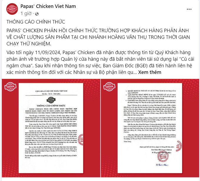 Thông báo chính thức trên Fanpage của chuỗi gà rán Papas' Chicken (Ảnh: Chụp màn hình)