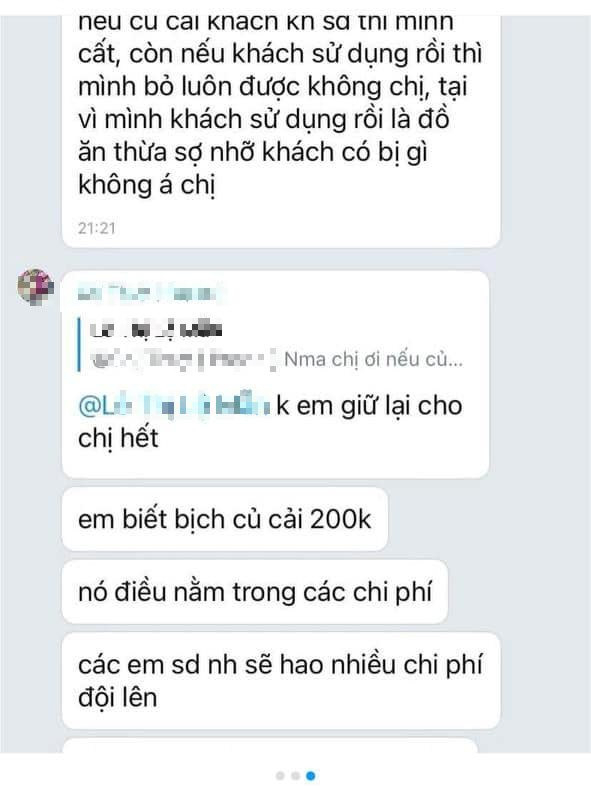 Nội dung tin nhắn cho thấy quản lý yêu cầu tái sử dụng củ cải muối đã qua sử dụng từ khách trước để phục vụ cho khách sau (Ảnh: Internet)