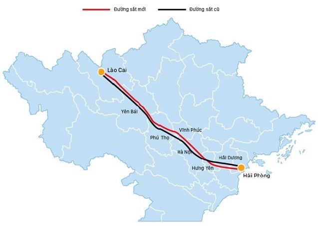 Bản đồ tuyến đường sắt Lào Cai - Hà Nội - Hải Phòng. Ảnh minh họa