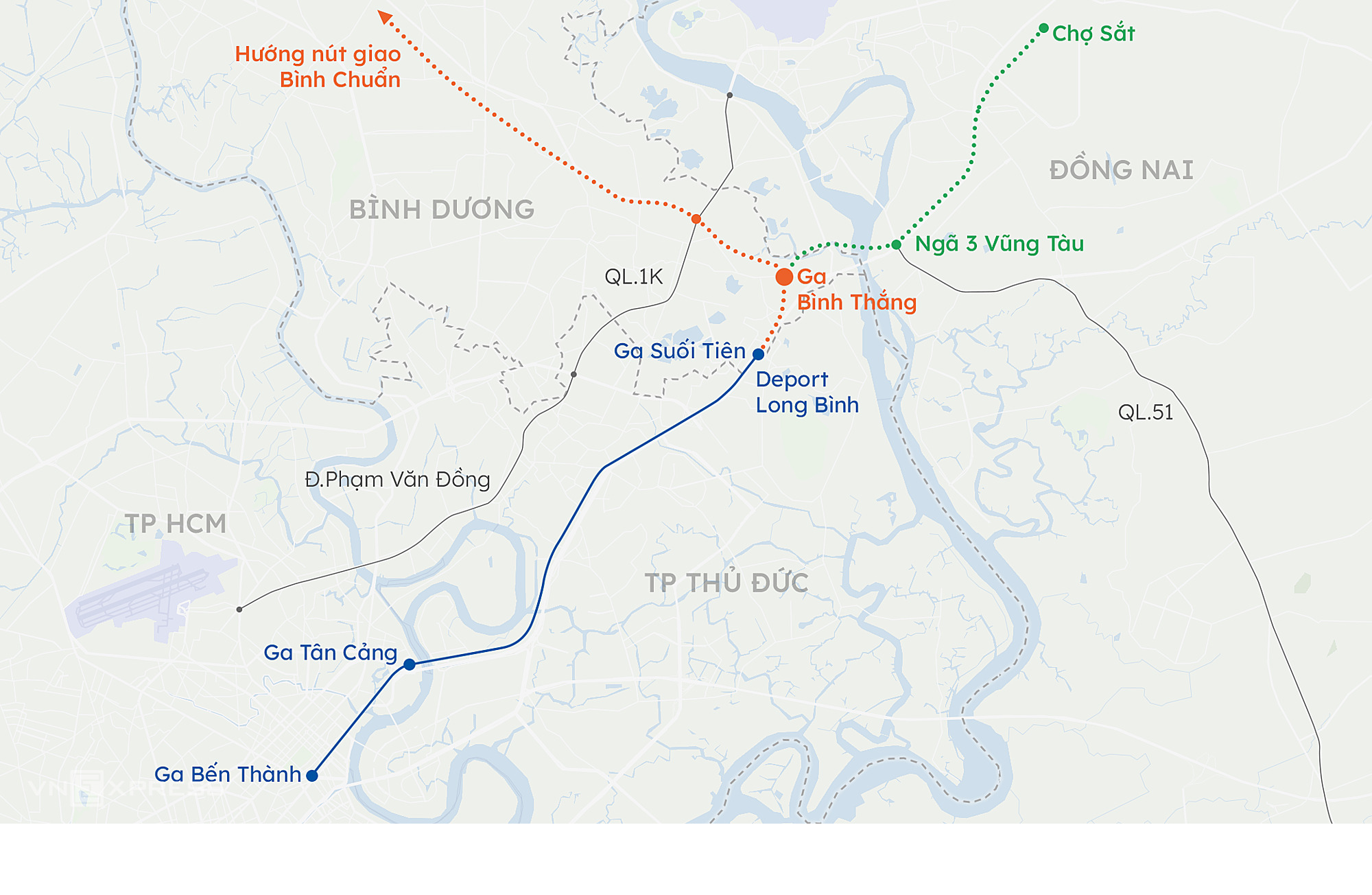 Hướng tuyến Metro số 1 và hai hướng dự định kéo dài lên Đồng Nai, Bình Dương. Đồ họa: Khánh Hoàng/VnExpress