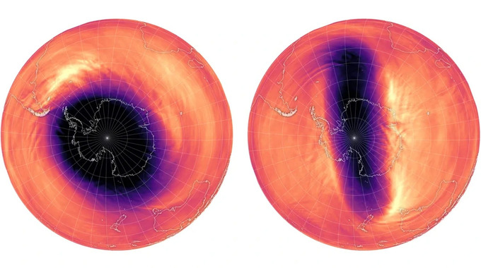Hai hình ảnh biểu thị nhiệt độ không khí ở Nam Cực cho thấy xoáy cuộn hoạt động ra sao trong năm 2023 (trái) và năm 2024 (phải). Ảnh: Đài quan sát Trái Đất của NASA