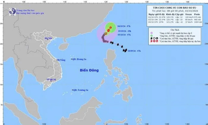 Bão số 5 đi ra ngoài biển Đông và không còn khả năng gây ảnh hưởng đến đất liền nước ta