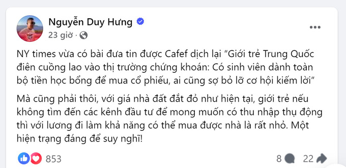 Ảnh chụp màn hình Facebook chia sẻ của ông Nguyễn Duy Hưng.