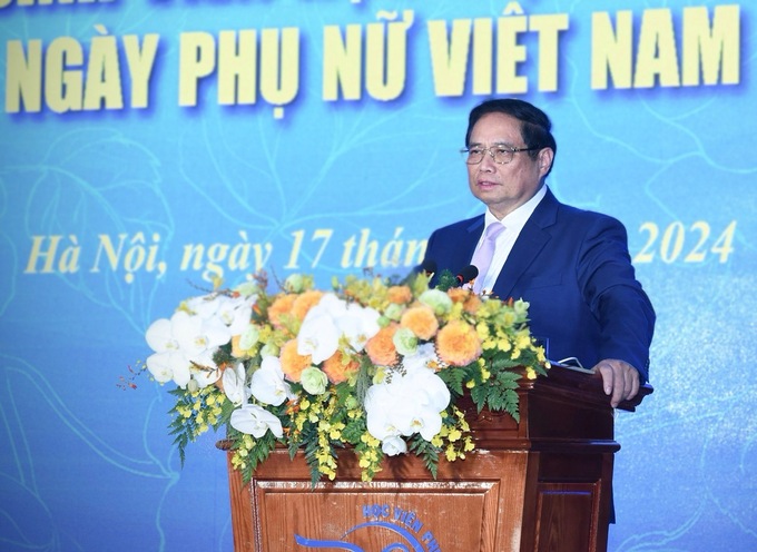 Thủ tướng Phạm Minh Chính phát biểu tại buổi gặp mặt cán bộ Hội Liên hiệp Phụ nữ Việt Nam và giảng viên, sinh viên, học viên của Học viện - Ảnh: VGP/Nhật Bắc