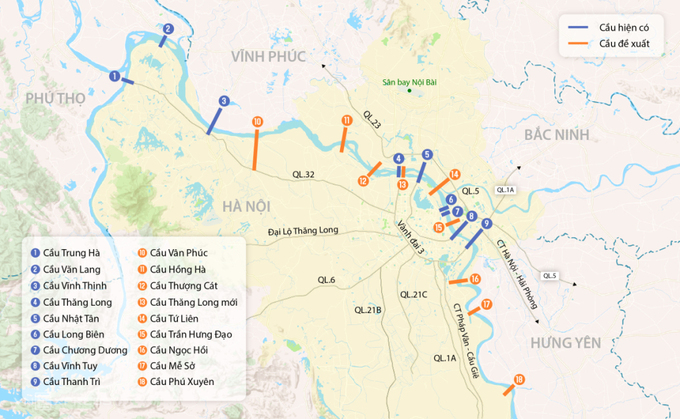 Quy hoạch 18 cây cầu bắc qua sông Hồng.