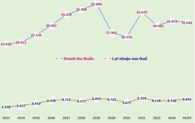 Biểu đồ: Doanh thu thuần, lợi nhuận sau thuế giai đoạn 2013-2024 và doanh thu thuần, lợi nhuận sau thuế (bao gồm lợi nhuận thuộc về lợi ích của cổ đông thiểu số) năm 2025 (đvt: tỷ đồng).