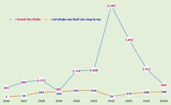 Biểu đồ: Doanh thu và lợi nhuận sau thuế của công ty mẹ của An Gia giai đoạn 2016-2024 và kế hoạch năm 2025 (đvt: tỷ đồng).