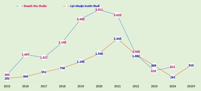 Doanh thu thuần và lợi nhuận trước thuế (tỷ đồng) giai đoạn 2015-2024 và kế hoạch 2025.