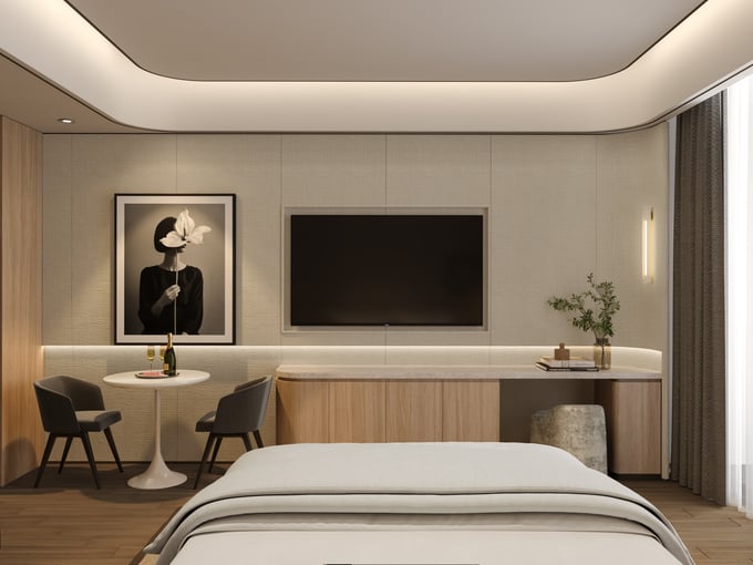 Căn hộ được bàn giao tiêu chuẩn nội thất liền tường với tông màu trầm chủ đạo và chất liệu cao cấp. (Ảnh minh họa căn hộ: Sun Property)