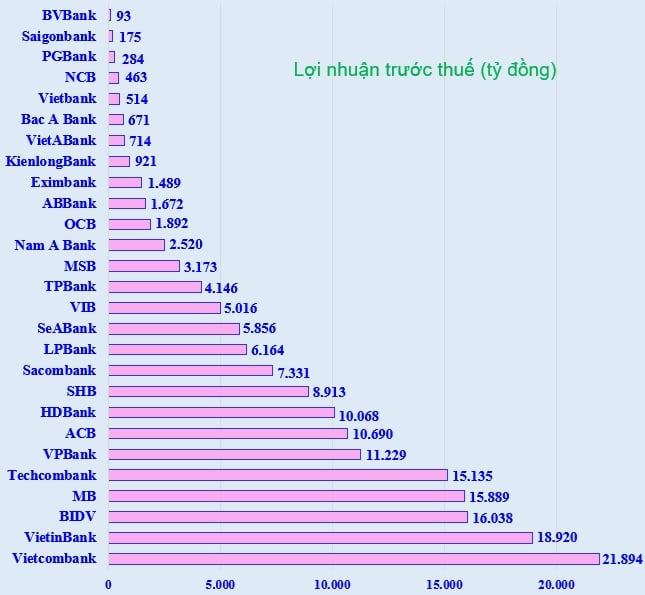 Lợi nhuận trước thuế trong 6 tháng đầu năm 2025 của 27 ngân hàng niêm yết.