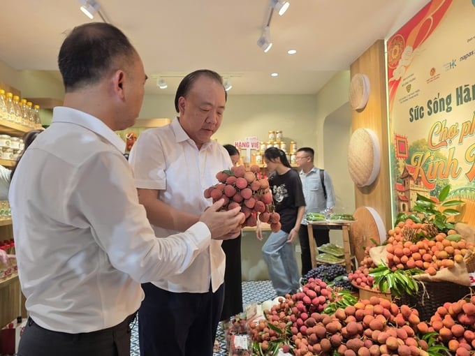 Ông Trần Hữu Linh, Cục trưởng Cục Quản lý và Phát triển thị trường trong nước và ông Nguyễn Thế Thi, Phó Giám đốc Sở Công Thương tỉnh Bắc Ninh tham quan gian hàng trưng bày, quảng bá vải thiều